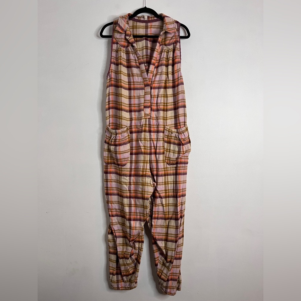 Free People Plaid Sleeveless Jumpsuit in Pink, Orange, Yellow
